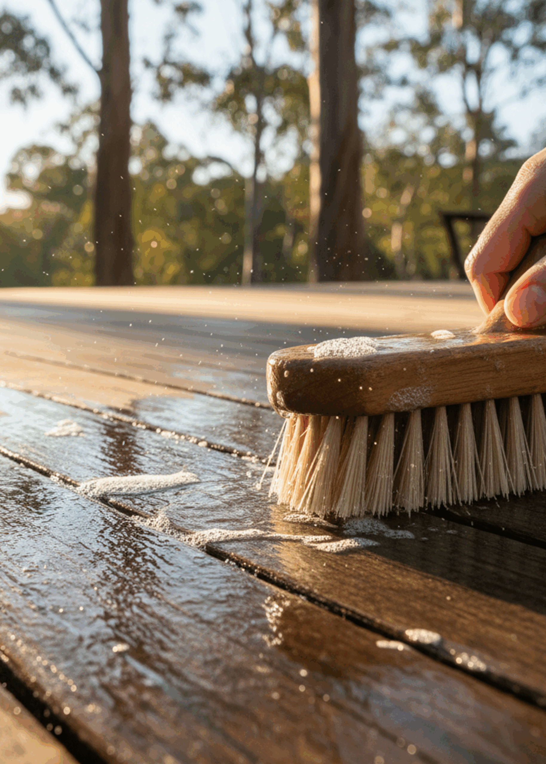 Close-up image of cleaning timber deck using Timber Cleaner (Concentrated Oxalic Acid)